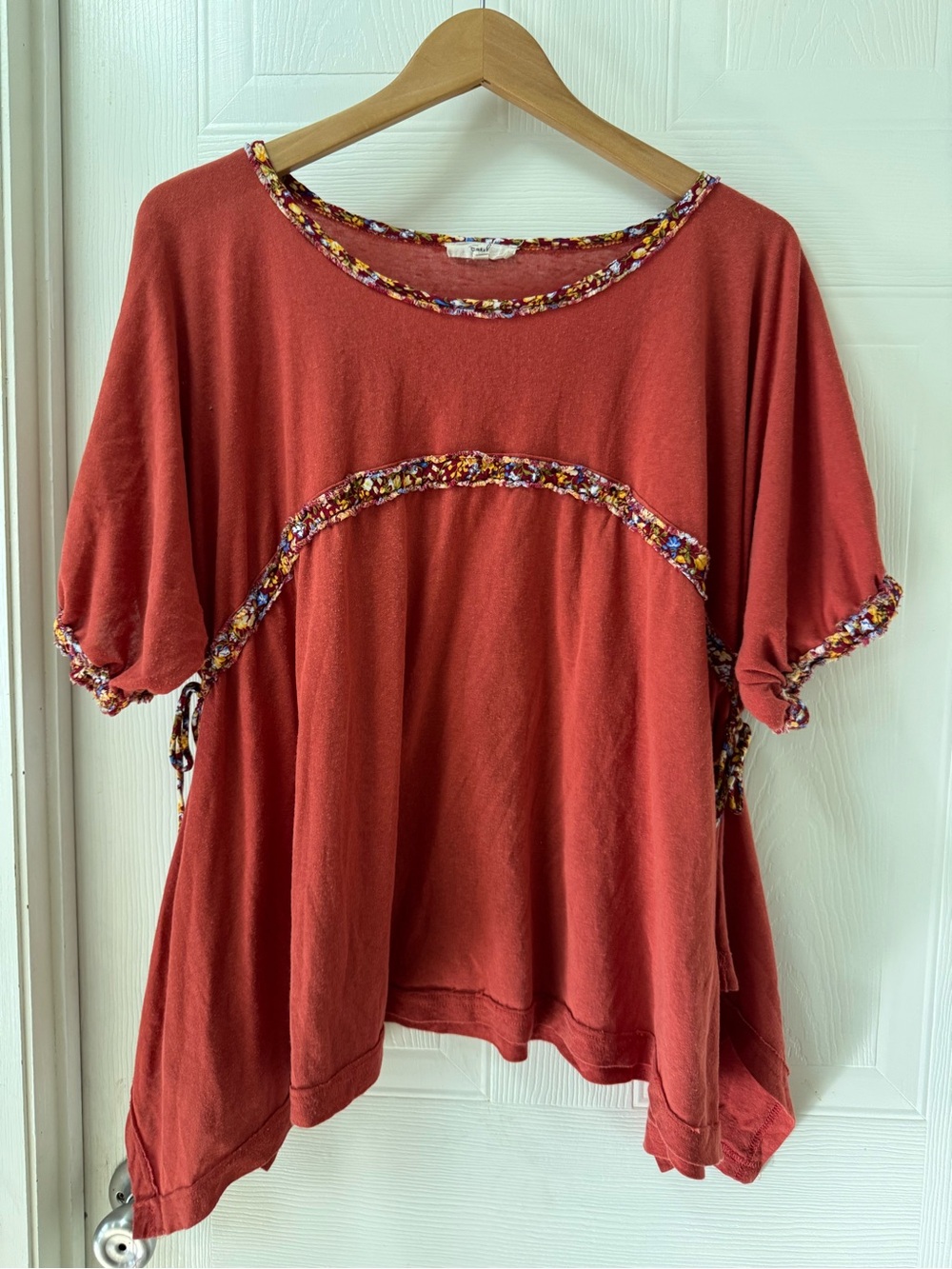 Women’s Rust Red Short Sleeve Tunic with Floral Trim